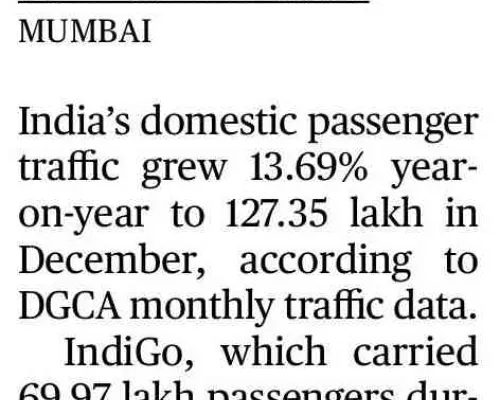 Domestic air passenger traffic grew 13.7% in Dec.