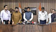 The Union Minister for Civil Aviation, Shri Kinjarapu Ram Mohan Naidu addressing a Press Conference on the Air India plane crash in Ahmedabad and also expressed deep sorrow over the incident at Udan Bhawan, in New Delhi on June 14, 2025.