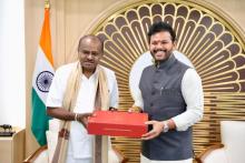 Hon'ble Civil Aviation Minister Shri Ram Mohan Naidu met Hon’ble Minister of Heavy Industries & Public Enterprises, Sh. H.D. Kumaraswamy Ji at the Ministry of Civil Aviation.